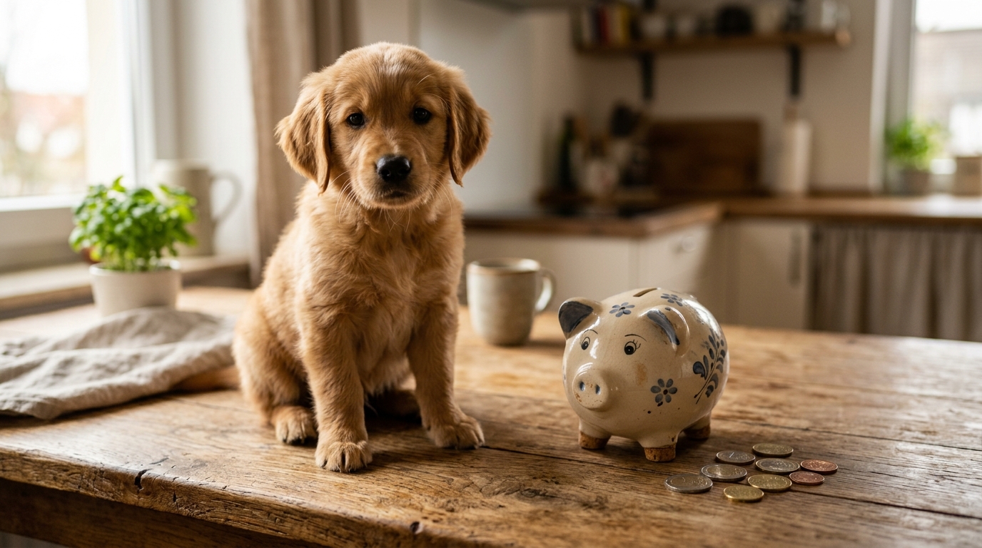 Welpe neben Spaarschwein