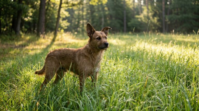 Brauner Hund steht aufmerksam im hohen Gras am Waldrand