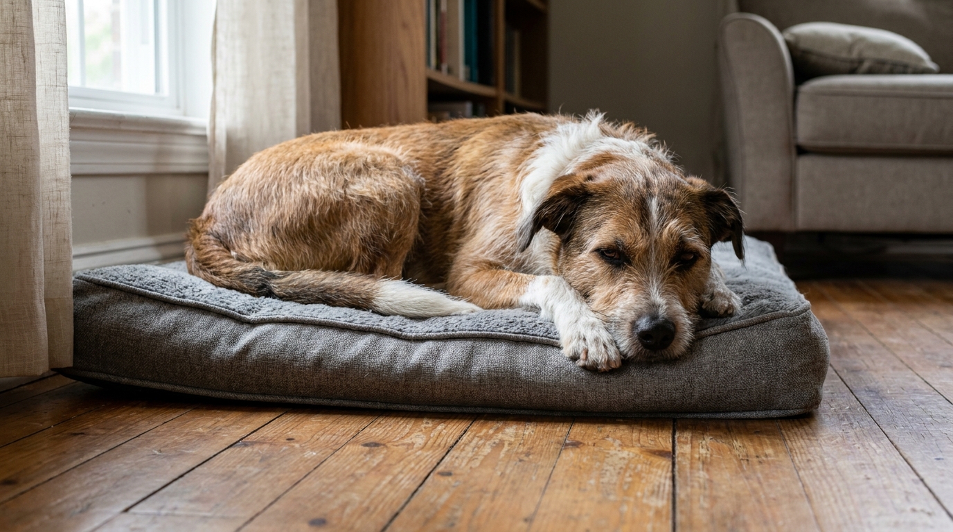 Hund mit Durchfall ruht erschöpft auf dem Hundebett