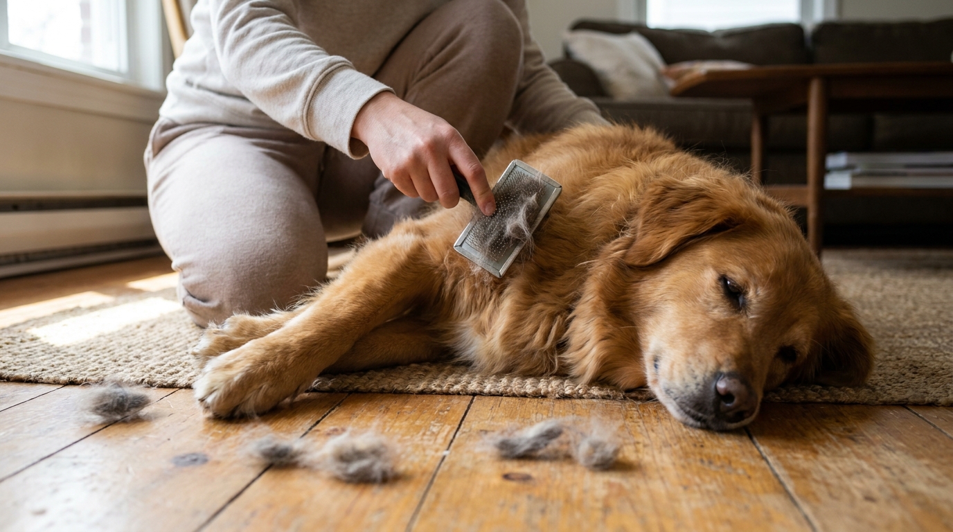 Hund wird im Fellwechsel mit einer Bürste gebürstet, lose Fellbüschel auf dem Boden