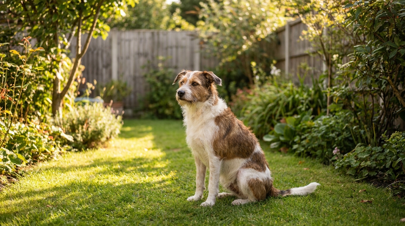 Gesunder Hund sitzt entspannt im Garten