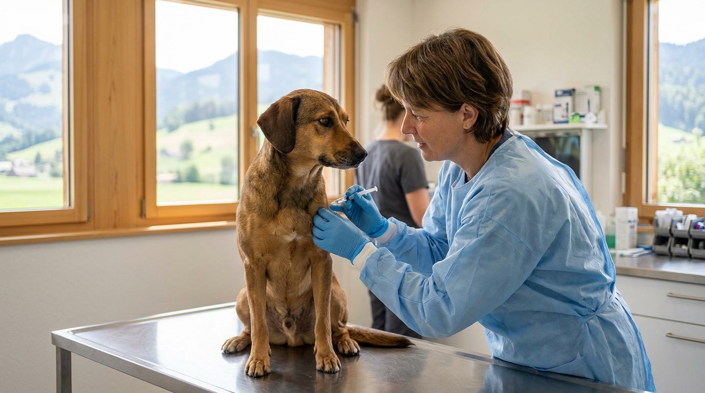 Tierärztin verabreicht einem Hund die Tollwutimpfung in einer Schweizer Praxis