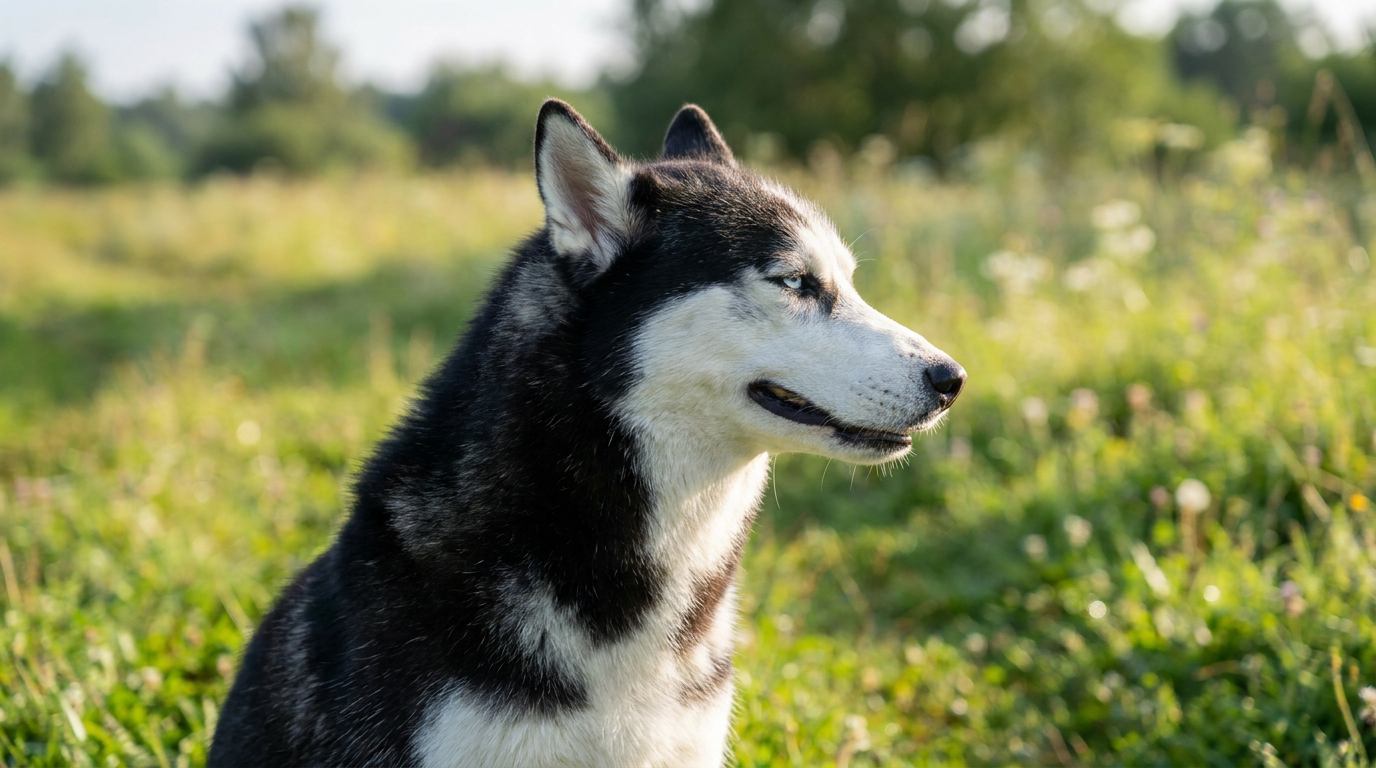 Gesunder Sibirischer Husky mit dichtem glänzendem Fell auf einer Wiese
